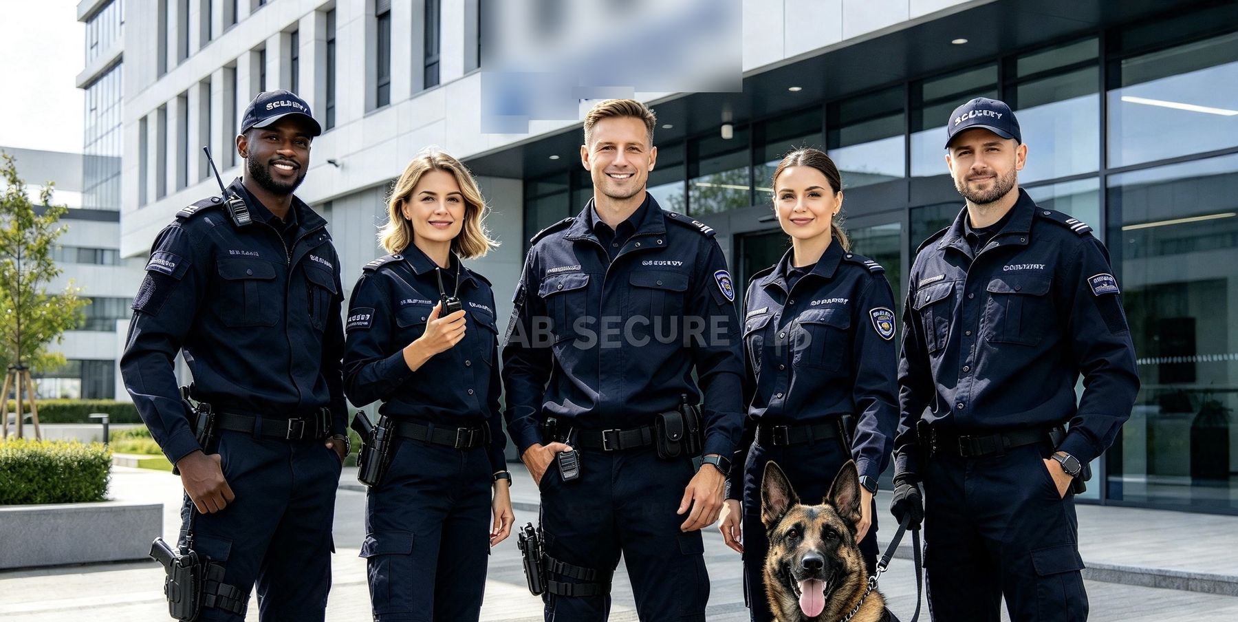 The AB Secure team of officers with a security dog outside a client building